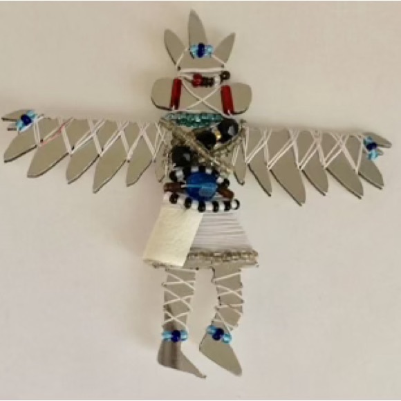 Vintage Liztech Eagle Dancer Kachina Doll Wire Wrapped Mirrored Pin Brooch - Picture 2 of 3